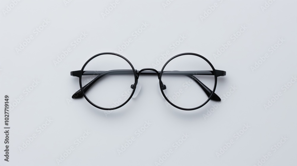 Classic round black-rimmed glasses on white minimalist background Classic round black-rimmed glasses on white minimalist background