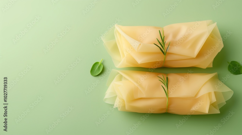 Eco-friendly wax wraps secured with rosemary on pastel green background