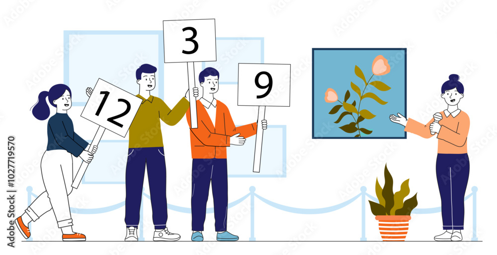 People at auction. Men and women with signs buy painting. Auctioneers with trader. People with contemporary art. Poster or banner. Linear vector illustration People at auction. Men and women with signs buy painting. Auctioneers with trader. People with contemporary art. Poster or banner. Linear vector illustration