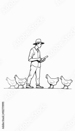 Farmer interacting with chickens in a calm mood against a minimalist background with copy space