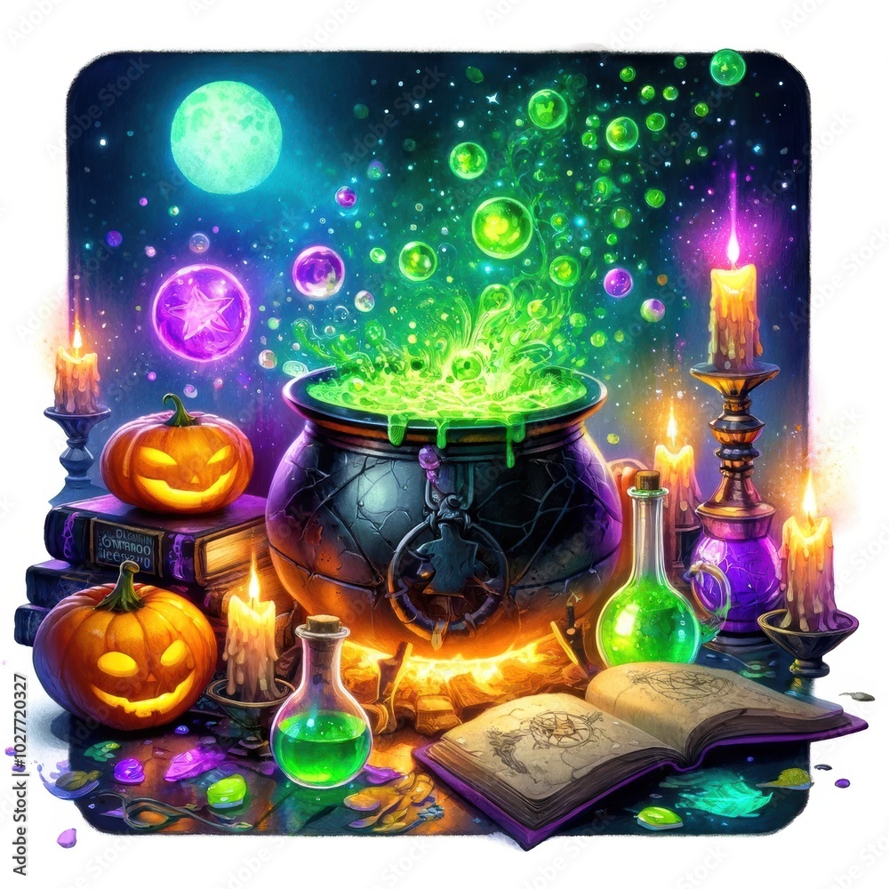 Magical witch's cauldron bubbling with a neon green potion Magical witch's cauldron bubbling with a neon green potion