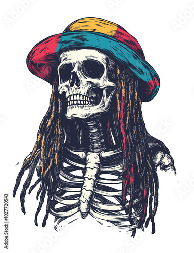 Illustration of a skeleton with dreadlocks wearing a rastacap. Concept of reggae culture and alternative street style. photo