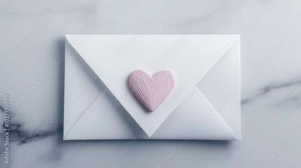White envelope with pink heart seal on marble background White envelope with pink heart seal on marble background