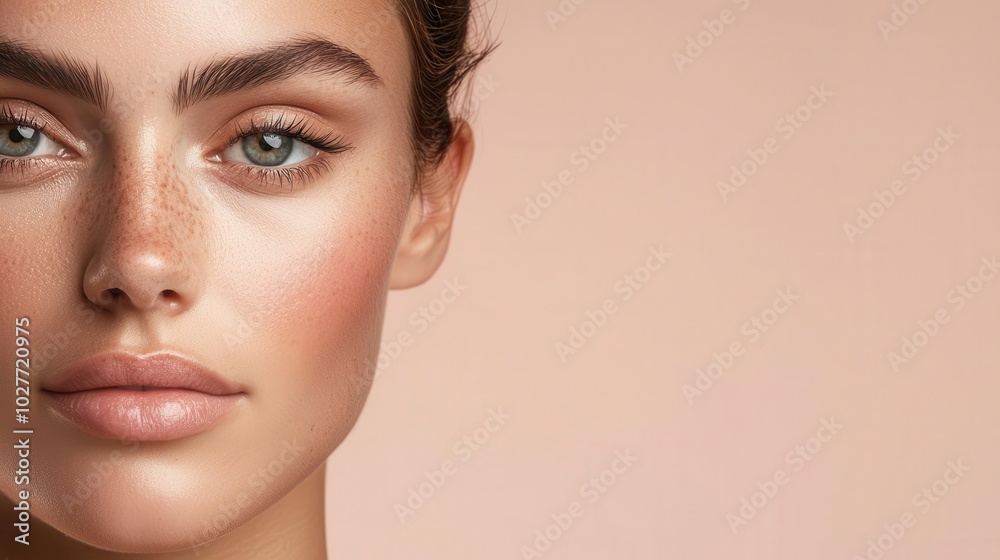 Freshfaced woman with bare skin and clear complexion in soft light, clean beauty, healthy look Freshfaced woman with bare skin and clear complexion in soft light, clean beauty, healthy look