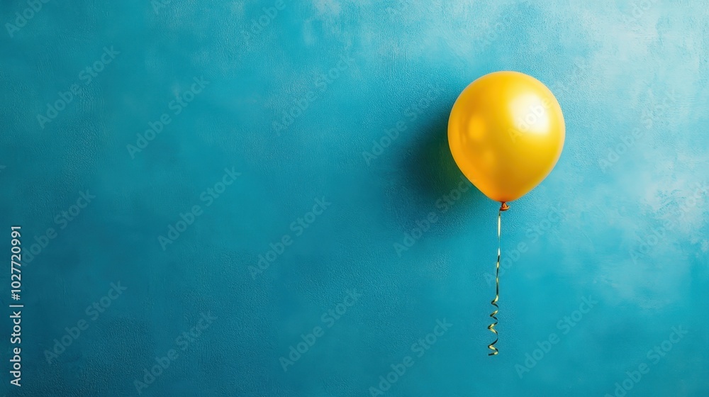 A single golden balloon floating against a bright blue background, creating a whimsical and cheerful A single golden balloon floating against a bright blue background, creating a whimsical and cheerful