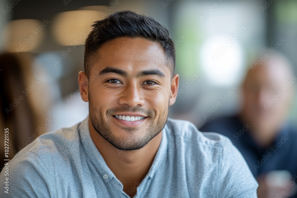 A smiling young man with short dark hair looks directly at the camera in a casual setting. A smiling young man with short dark hair looks directly at the camera in a casual setting.