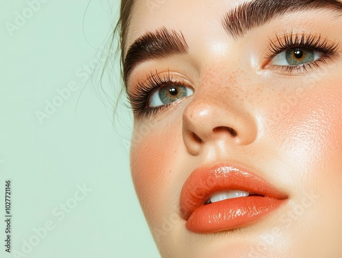 Dewy, freshfaced skin with natural glow, minimal makeup, pure and vibrant beauty photo