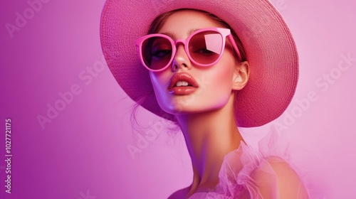 A fashion model in pink sunglasses and a hat against a purple background, creating an atmosphere of glamour and sophistication