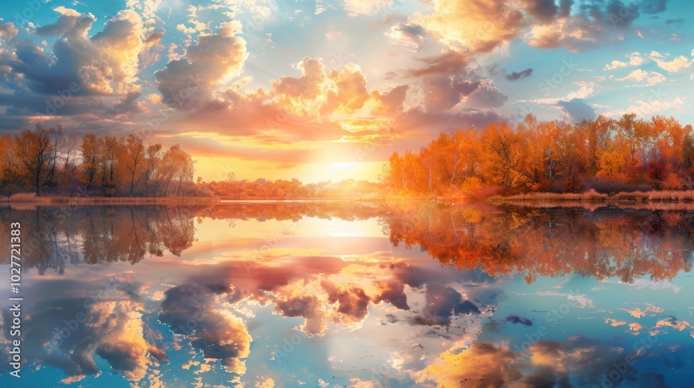 The sky is ablaze with reds and oranges as the sun sets, casting beautiful reflections on the tranquil water below. Generative AI The sky is ablaze with reds and oranges as the sun sets, casting beautiful reflections on the tranquil water below. Generative AI