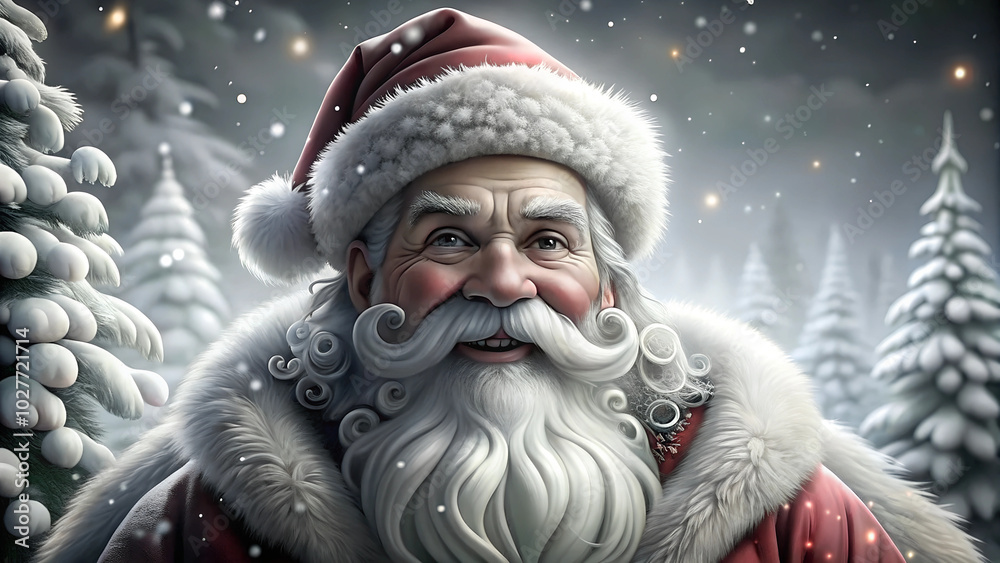 Joyful Santa Claus Close-Up, Traditional Red Suit, Snowy Landscape Background Joyful Santa Claus Close-Up, Traditional Red Suit, Snowy Landscape Background
