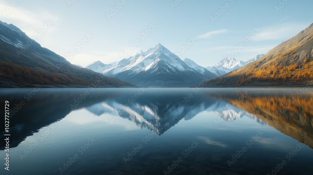 Calm mountain lake surrounded by towering snow-capped peaks, clear reflection of the sky, soft mist floating above the water, dreamy atmosphere, soft color palette Calm mountain lake surrounded by towering snow-capped peaks, clear reflection of the sky, soft mist floating above the water, dreamy atmosphere, soft color palette