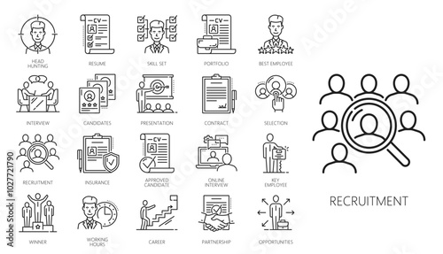 Job search and recruitment line icons. Head hunting, staff education, candidate profile, human resource and career vector symbols with outline business people and employee persons, CV and contract