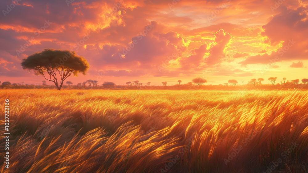 Serene savannah at dawn, golden grasses swaying gently, soft pink and orange sky, distant acacia trees, dreamlike atmosphere, soft and warm lighting