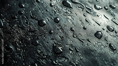 Close-Up of Engraved Metal Sheet with Water Droplets