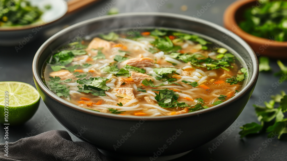Vietnamese pho with fresh herbs and lime, cozy restaurant setting, natural lighting, steaming broth, product-focused close-up, high detail