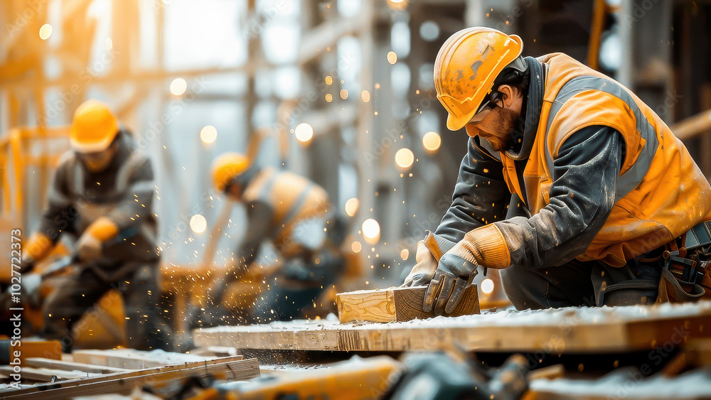 A dynamic scene of construction workers in safety gear, focused on woodworking tasks amidst a bustling construction site. Depicts teamwork and industrial skill. A dynamic scene of construction workers in safety gear, focused on woodworking tasks amidst a bustling construction site. Depicts teamwork and industrial skill.