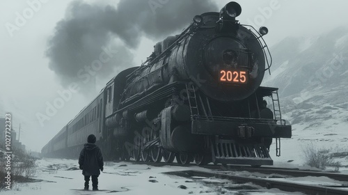 boy meets train with 2025 sign
