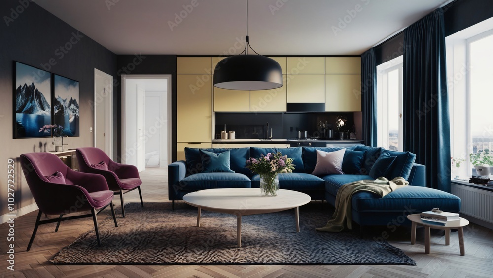 Interior design of modern scandinavian apartment, living room Interior design of modern scandinavian apartment, living room