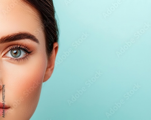 Closeup of a freshfaced woman with glowing skin, minimal makeup, pure and clean beauty photo