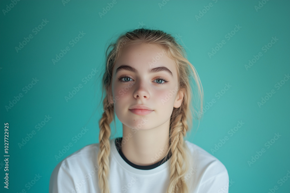 Braided blonde girl in white t-shirt with black edges, turquoise and aquamarine studio background Braided blonde girl in white t-shirt with black edges, turquoise and aquamarine studio background
