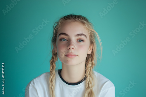 Braided blonde girl in white t-shirt with black edges, turquoise and aquamarine studio background