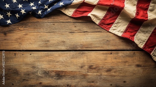 American flag draped over rustic wooden surface in a calm, patriotic setting