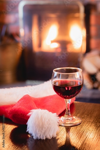 Cosy Lounge with Glass of Red Wine and Santa Clause Hat in front of Fireplace on Christmas Morning 02