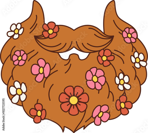 Cartoon retro groovy hippie beard. Vector bushy hipster beard and mustaches with vibrant flowers, symbolizing a blend of masculinity and nature, hippie movement, bohemian style and carefree 60s vibe
