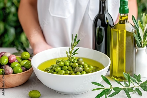 Fresh Organic Olives and Olive Oil Preparation in Kitchen photo