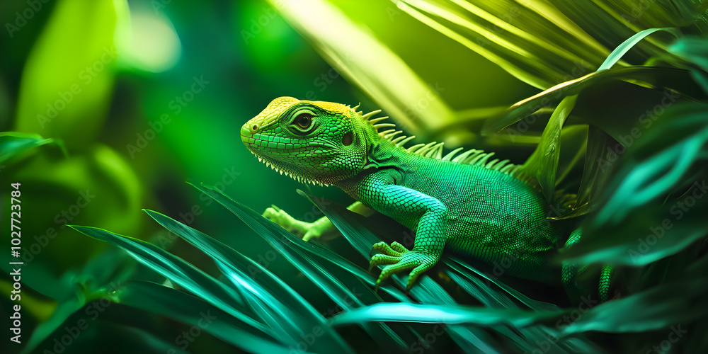 Fototapeta premium A vibrant green lizard rests among lush foliage, showcasing intricate textures and a striking color palette that highlights the beauty of nature
