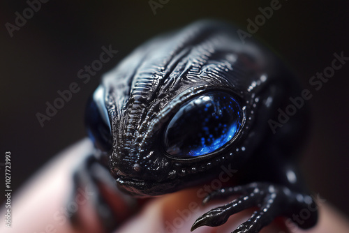 A small, cute, and adorable black xenomorph with blue eyes, an alien monster. photo