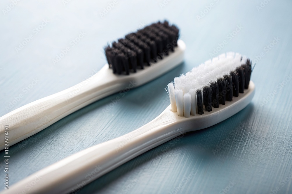 oral health, oral hygiene, black and white, contrast, dental tools, A close up view of two worn toothbrushes one black and one white placed next to each other at a high angle oral health, oral hygiene, black and white, contrast, dental tools, A close up view of two worn toothbrushes one black and one white placed next to each other at a high angle