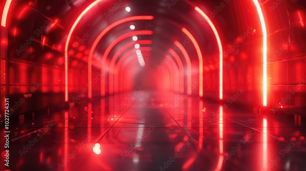 Futuristic Red Neon Tunnel with Reflective Flooring Futuristic Red Neon Tunnel with Reflective Flooring