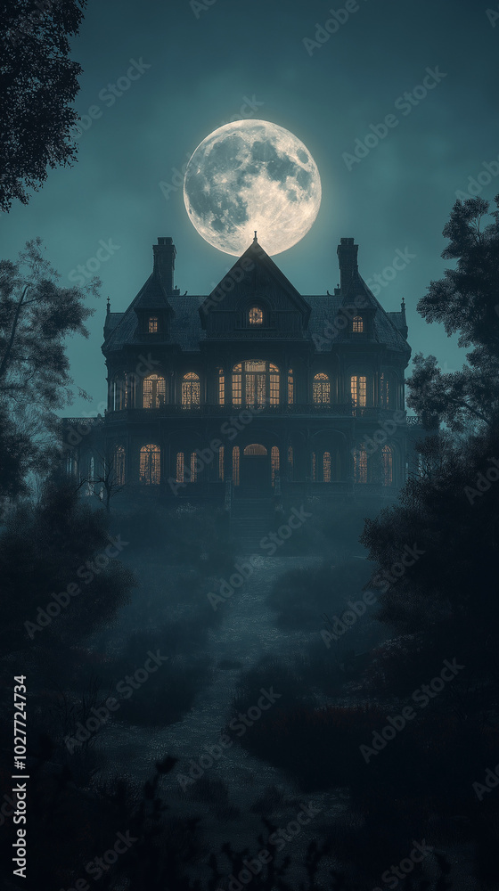A spooky Halloween night with a full moon shining over a haunted castle A spooky Halloween night with a full moon shining over a haunted castle