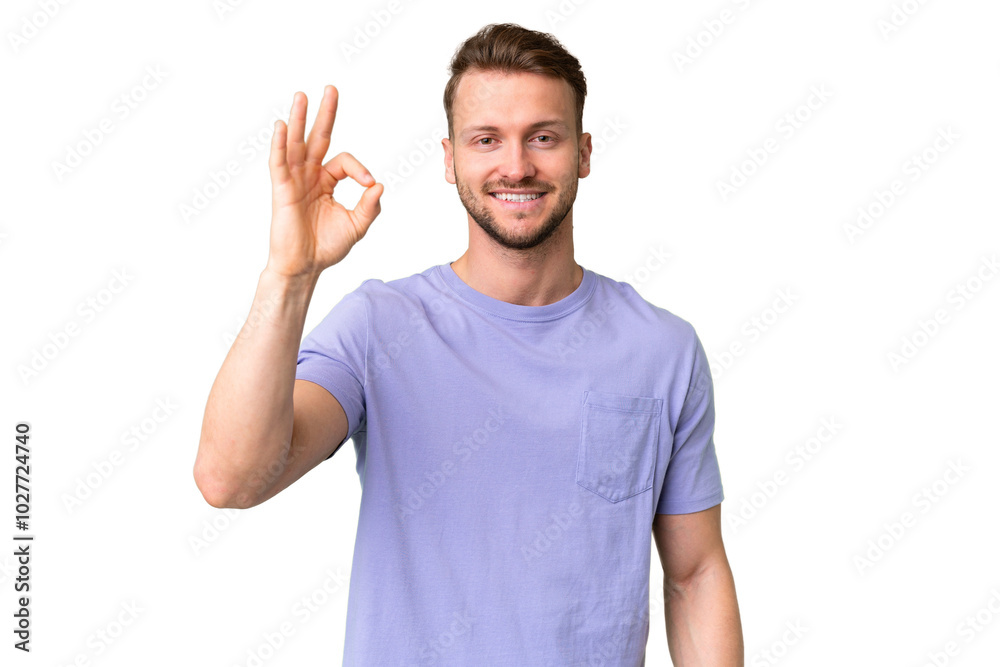 Young handsome caucasian man over isolated chroma key background showing ok sign with fingers Young handsome caucasian man over isolated chroma key background showing ok sign with fingers