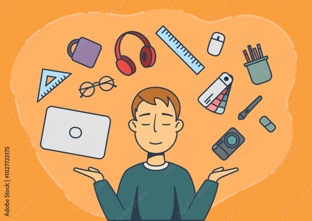 Creative person with creative tools around Creative person with creative tools around