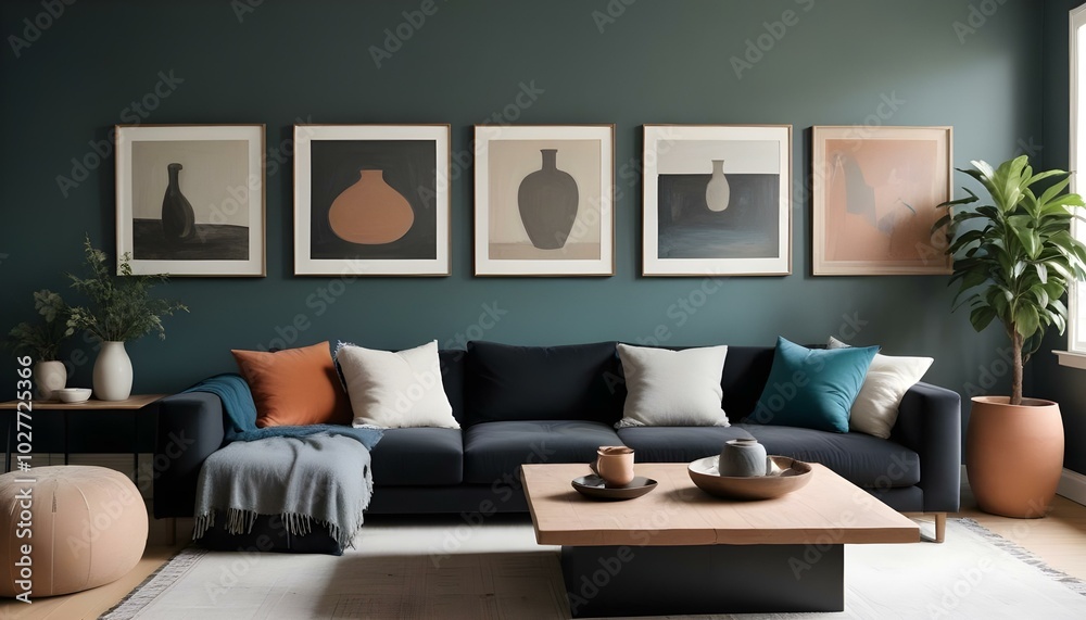 A stylish boho living room featuring a black sofa adorned with cozy anthracite cushions, creating a chic and inviting space. A stylish boho living room featuring a black sofa adorned with cozy anthracite cushions, creating a chic and inviting space.