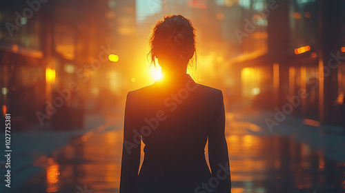 businesswoman in a suit stands with her back to the viewer, symbolizing ambition, professionalism, and leadership. Her confident stance conveys focus, determination, and the pursuit of success