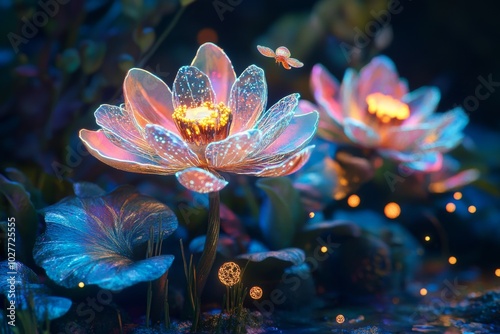 Glowing lotus flower blooming on tranquil water