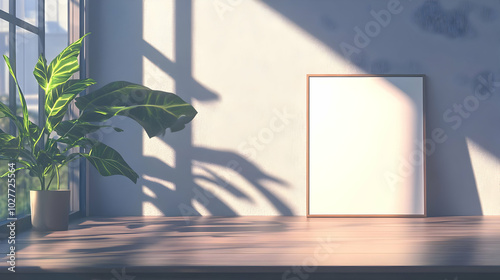 A serene workspace with a blank frame and a potted plant, illuminated by soft sunlight.