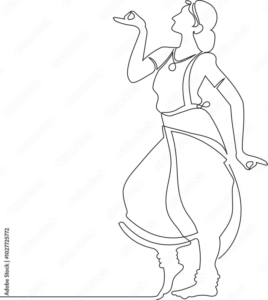 continuous line drawing. women's Indian dance form. dancer in a traditional sari and costume and jewelry