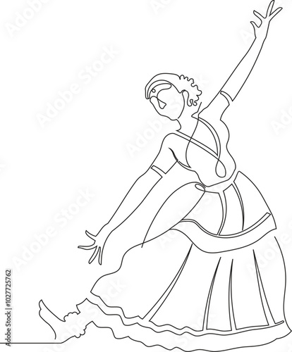 continuous line drawing. women's Indian dance form. dancer in a traditional sari and costume and jewelry