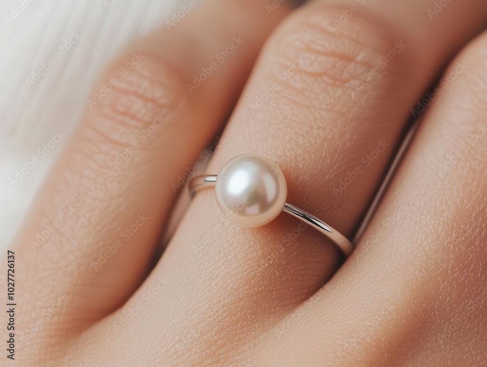 Closeup of a pearl ring on a manicured hand, pearl accessories, timeless and elegant fashion statement Closeup of a pearl ring on a manicured hand, pearl accessories, timeless and elegant fashion statement