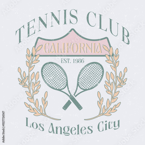 California, watercolor flower, Los Angeles tennis club t-shirt design. College-style tee shirt with tennis ball. Sports apparel print. Vector illustration. tennis club girls team newyork cord college