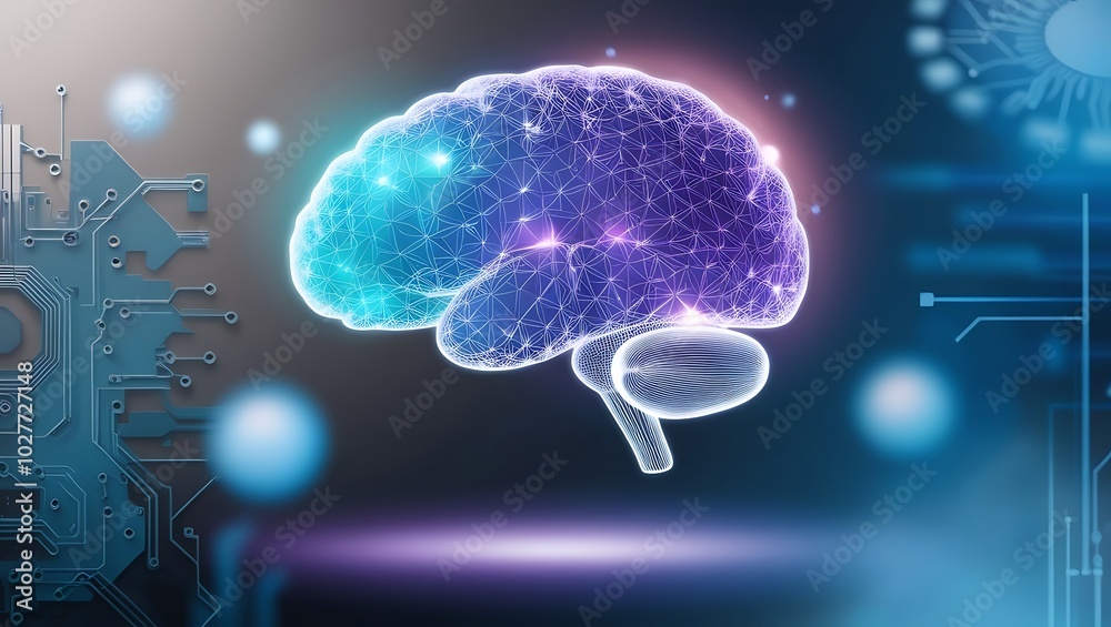 Fototapeta premium brain hologram. Concept of self learning. Innovative intelligence concept image, integration of human brain and technology