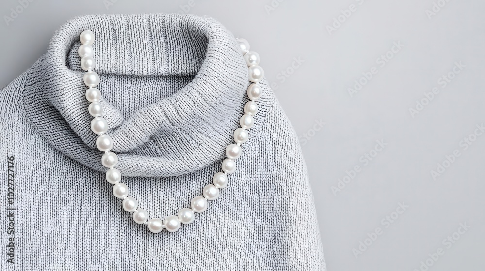 Obraz premium Layered pearl necklaces over a cashmere sweater, pearl accessories, classic fashion with a contemporary twist