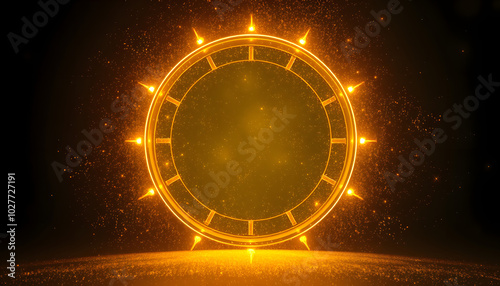 Golden or yellow magical fantasy portal. Round light frame, with fine dust particles, futuristic teleporter. Golden neon lights illuminate night scene with sparkles. Lighting effect. PNG isolated wi photo