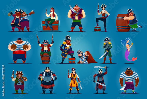 Cartoon pirate and corsair characters with captain hats, guns and bandanas. Funny vector personages of pirate girls, sailors, captains and mermaid with black eye patches, skulls and crossbones