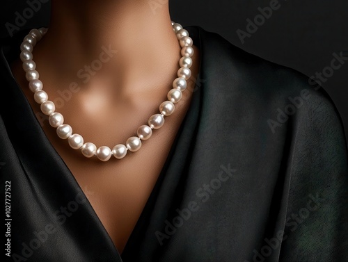 Single strand of pearls worn with a silk evening gown, pearl accessories, timeless fashion glamour photo