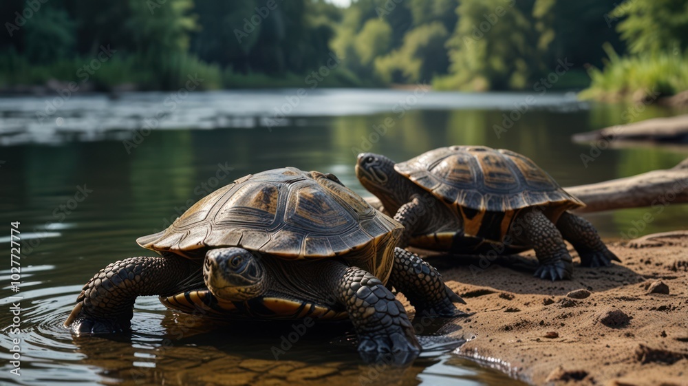Fototapeta premium Two turtles sunning themselves on a riverbank.